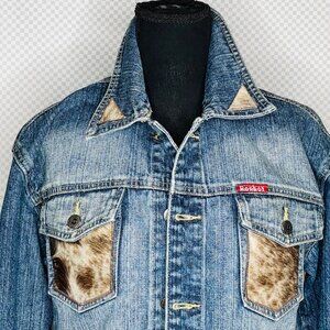 UpCycled Western jean jacket brown/cream genuine cowhide accents -L